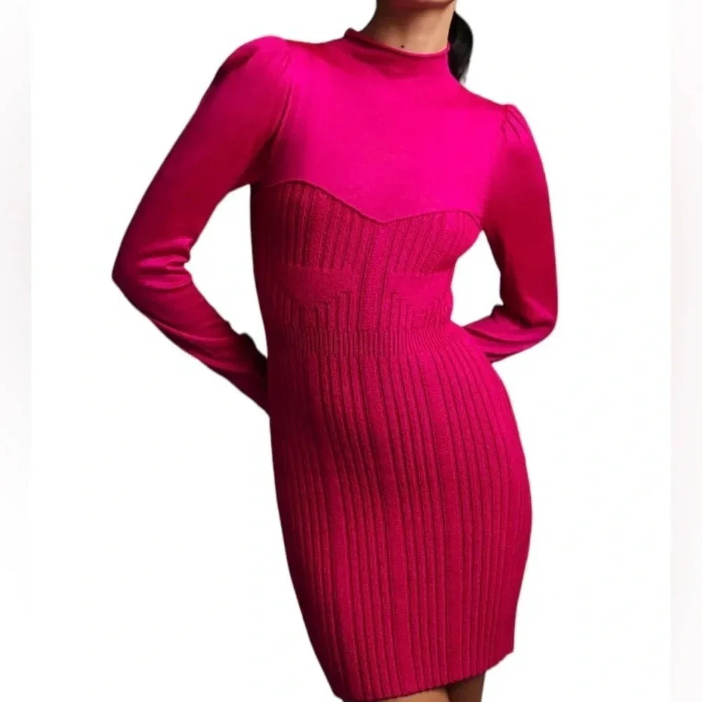 Anthropologie Barbie pink sweater dress Mock neck Mini Stretch Size M NWT